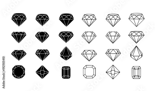 Gemstone diamond icon pack solid and outline vector set