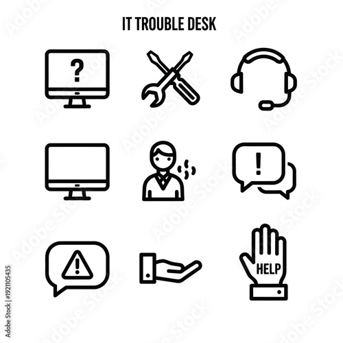 IT Support and Help Desk icons: computer problem, technical assistance, customer service, troubleshooting, equipment repair, and online help desk.