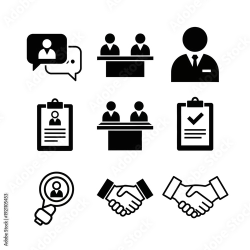 Business meeting icons set, human resources, interview, agreement, teamwork, employment, handshake, job search, professional collaboration, decision making, and HR concepts.