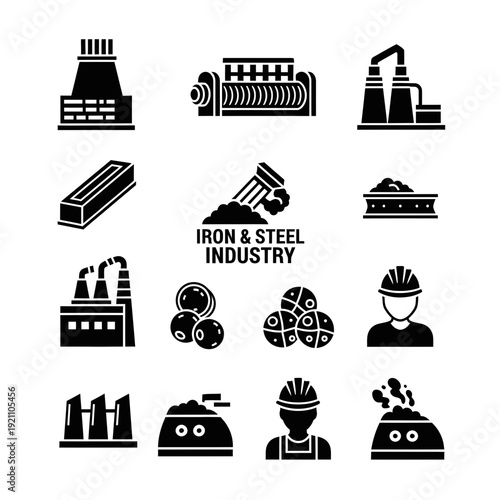 Iron and Steel Industry Icons: factories, furnaces, steel production, raw materials, industrial worker, and heavy manufacturing.