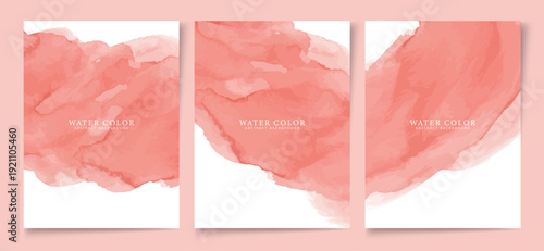 Set of three elegant vector graphic illustrations featuring soft peach and coral watercolor brush strokes, creating delicate artistic abstract backgrounds 