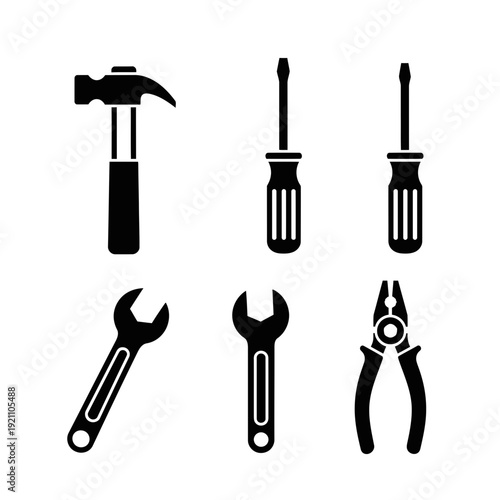 Tool icons: hammer, screwdrivers, wrenches, and pliers for repair, DIY, construction, maintenance, and home improvement.