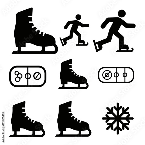 Ice skating icons: figure skates, ice rink, skaters, and snowflake representing winter sport, cold weather activity, and winter fun.