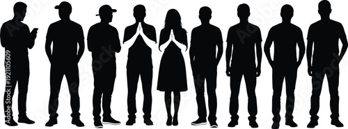 Silhouette of Diverse People Standing in a Row Including Man Using Phone and Couple Greeting with Namaste or Prayer Gesture