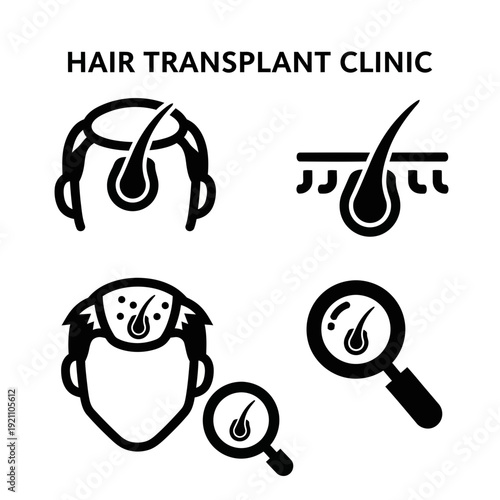 Set of hair transplant clinic icons: hair follicles, scalp analysis, magnifying glass, and male pattern baldness illustration.