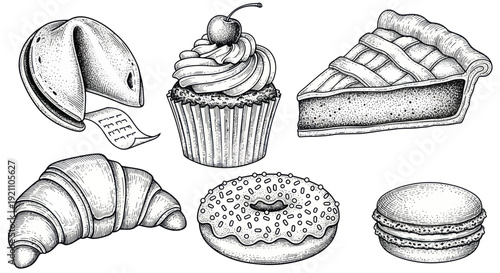 Hand-drawn sketch of assorted baked goods: fortune cookie, cupcake, pie, croissant, donut, macaron
