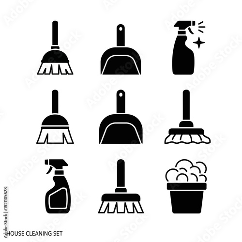 House cleaning icons set: mops, brooms, dustpan, spray bottle, and bucket with foam, representing tidiness and hygiene.