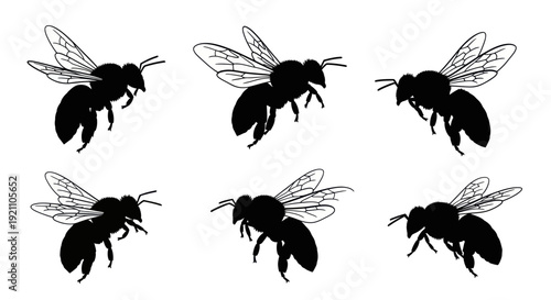 Six Black Bee Silhouettes Flying Against White Background