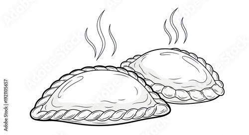 Two hot empanadas freshly baked, with steam rising, hand-drawn illustration