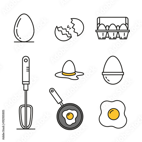 Set of clean line icon illustrations related to eggs and cooking, including whole eggs, cracked eggs, egg carton, whisk, and fried eggs.