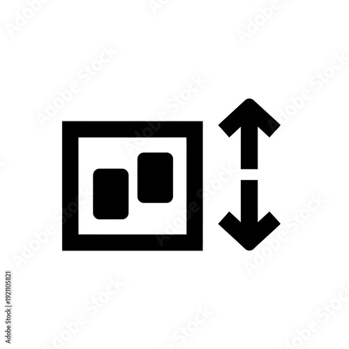 Black icon representing scaling or resizing a square frame containing two smaller rectangular elements, indicating dimension adjustment or layout.