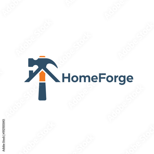 Modern home renovation contractor logo with industrial hammer and gable roof symbol for remodeling services HomeForge