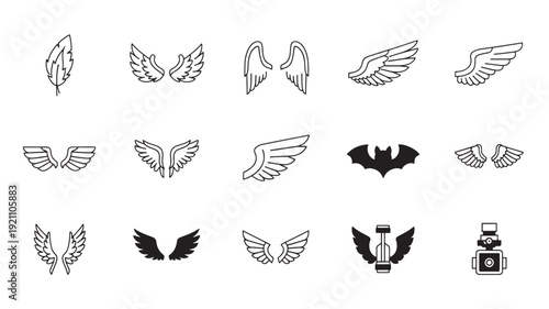 Collection of various wing icons in black and white minimalist line art for logo design