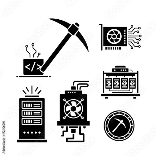 Collection of cryptocurrency mining icons: pickaxe, graphics card, servers, cooling fan, and blockchain symbol.