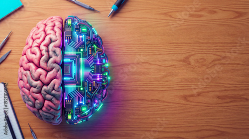 Top down view of a human brain morphing into a glowing futuristic computer processor on a desk with copy space visualizing cognitive technology integration