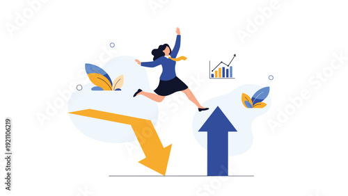 Courageous woman jumping from a downward trending arrow to an upward rising one to represent business recovery.