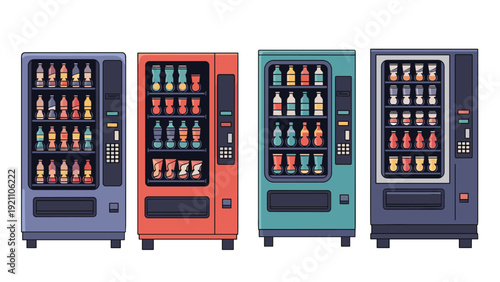 Set of four colorful vending machines stocked with various bottled drinks and snacks for retail and convenience.