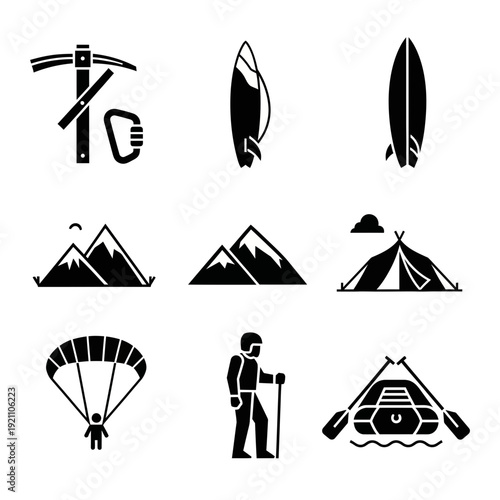 Exciting outdoor adventure and extreme sports black glyph icon set, featuring climbing, surfing, hiking, camping, parachuting, and rafting for active lifestyles.