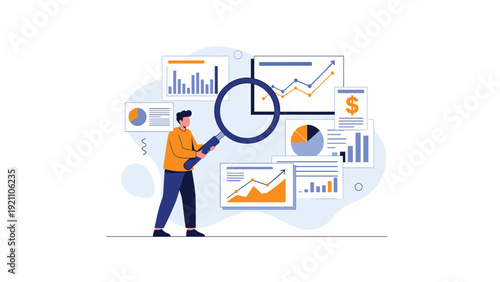Business analyst using a large magnifying glass to carefully examine various charts and data reports for insights.