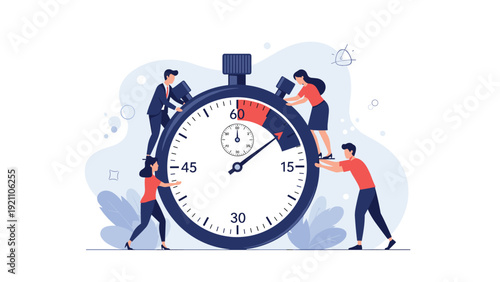 Team of people working together to push a massive stopwatch to symbolize meeting deadlines and time management.