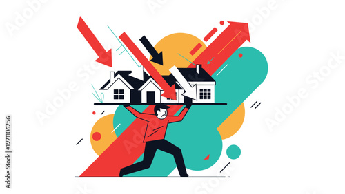 Struggling man supporting the weight of several houses on a platform as downward arrows signify a housing market crash.