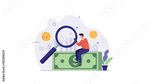 Financial expert sitting on a large dollar bill using a magnifying glass to review market charts and money trends.