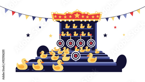 Fun shooting gallery game at a carnival featuring rows of moving yellow ducks and red targets for players to hit.