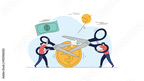 Two men using giant scissors to cut a gold coin in half to represent budget cuts or shared financial expenses.