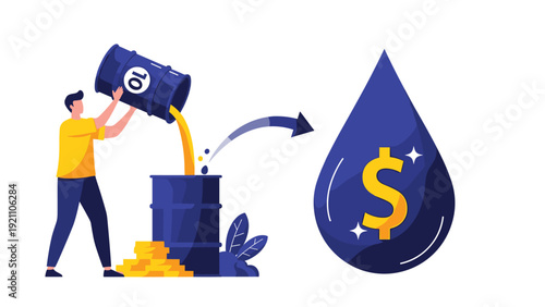 Worker pouring precious gold oil from a barrel into another, converting resources into profit symbolized by a dollar.