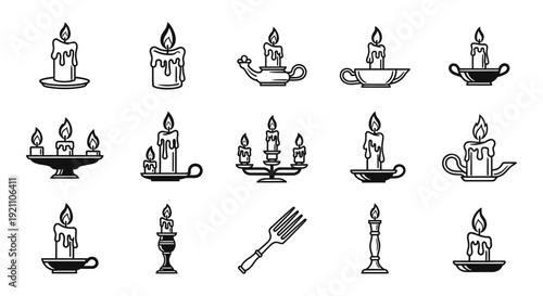burning candles and elegant candle holders in clean line art icon set illustrating light warmth and celebration for design.