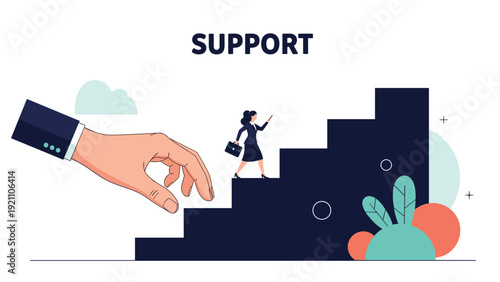 Large hand offering support and guidance to a businesswoman climbing a dark staircase towards her career goals.