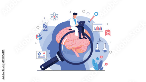 Medical research concept featuring a doctor on a giant brain analyzing neurological data with a magnifying glass.