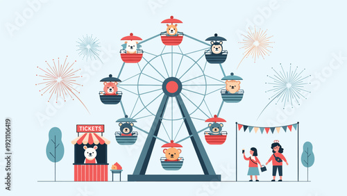 Magical carnival scene featuring a Ferris wheel with cute animal passengers, bright fireworks, and happy visitors.