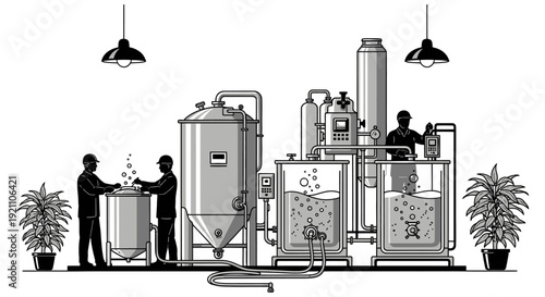 brewery workers operate brewing equipment fermentation tanks in a craft beer facility overseeing quality food production.