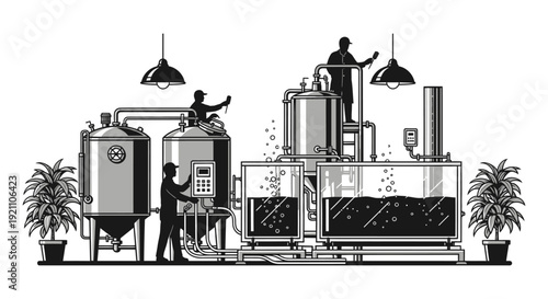 brewery workers operate tanks and monitor craft beer production in an industrial plant illustrating the beverage manufacturing process.
