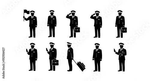 black silhouette airline pilot icons diverse uniformed flight crew poses for aviation and travel. saluting luggage phone use.