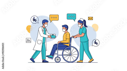 Dedicated medical doctor and nurse providing care and assistance to a young patient in a blue wheelchair at a clinic.