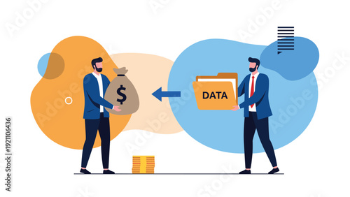 Business professionals exchange a folder labeled data for a bag of money illustrating the value of information.