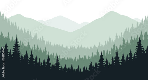 Illustration of Evergreen Trees and Mountains.