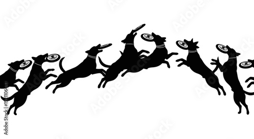 black silhouette dogs leaping to catch frisbees on white showcasing pet agility and dynamic dog sport training.