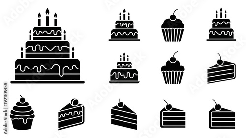 black silhouette dessert icons featuring tiered birthday cakes with candles cupcakes and delicious cake slices ideal for bakery menus and celebration designs.