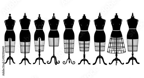 black silhouette dress forms showcasing various clothing styles ideal for costume design pattern making and tailoring.