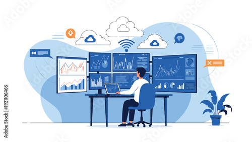 Financial analyst working at a multi-monitor workstation with complex data charts and cloud storage symbols.