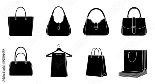 black silhouette handbags and shopping bags icon set on white ideal for e-commerce fashion retail and luxury accessory designs