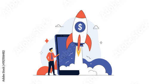 Rocket ship with a dollar sign symbol blasting off from a smartphone screen as a businessman watches the growth.
