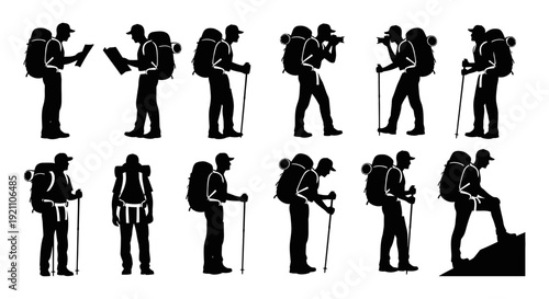 black silhouette hikers with backpacks and trekking poles exploring nature perfect for adventure travel and active outdoor lifestyles.