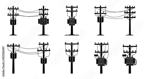 black silhouette icons of electricity poles power lines and transformers illustrating essential urban power grid infrastructure and energy distribution