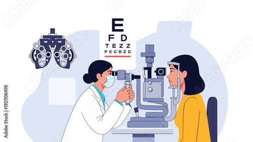 Optometrist wearing a protective mask performing an eye examination on a patient using professional equipment.