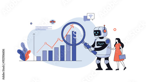 Human woman and a robot assistant analyzing business growth charts together using a large magnifying glass.
