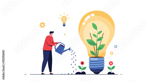 Man using a watering can to nurture a green plant growing inside a large lightbulb representing sustainable ideas.